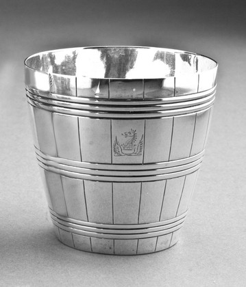 Bateman Silver Barrel Shaped Beakers (Pair) - Ducal Crest, Dalton, Draycott, Codrington