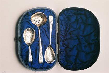 Victorian Silver Spoon Set, Caddy, Jam, Sifter - Aesthetic Movement