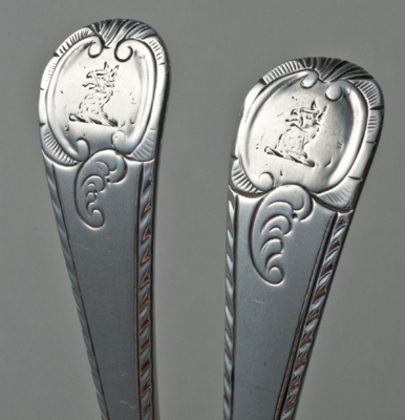 Old English Feather Edge & Cartouche Silver Tablespoons (Pair) - Nalder Family Crest