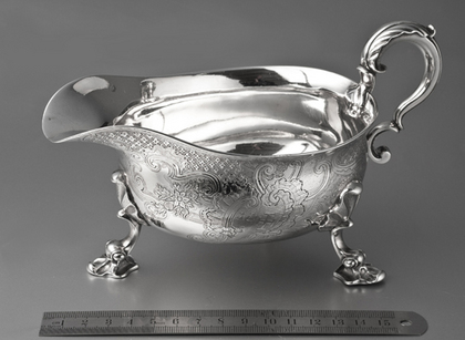 Early Georgian Rococo Sterling Silver Sauce Boat - Richard Pargeter, Alleyn Family Crest, Lidsel Family