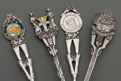 Ten Sterling Silver and Enamel Souvenir Spoons - Crossed Rifles Shooting Trophies