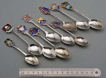 Ten Sterling Silver and Enamel Souvenir Spoons - British Cities