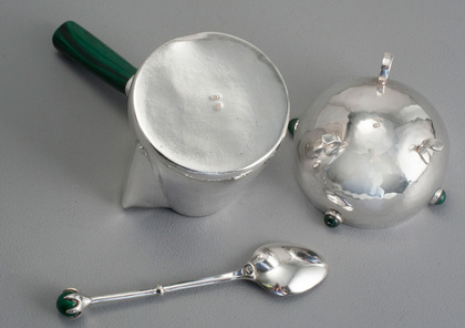 Zambian Arts & Crafts Sterling Silver & Malachite Milkjug, Sugarbowl and Sugarspoon - Klaus Rygaard