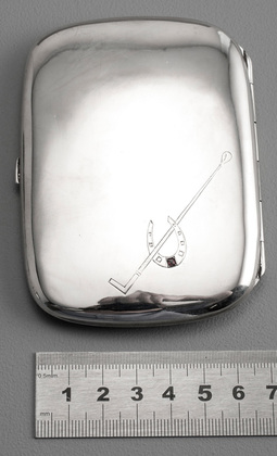 German Silver Cigarette Case - Horseshoe, Ruby, Riding Crop