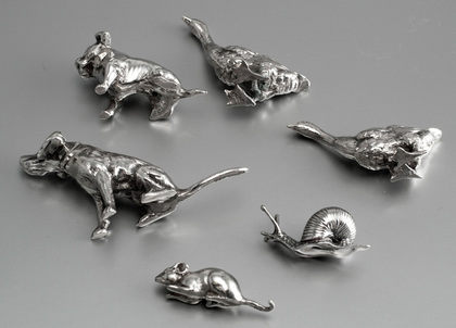 Collection of 6 Solid Sterling Silver Miniature Animals - Dogs, Geese, Snail, Mouse