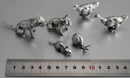 Collection of 6 Solid Sterling Silver Miniature Animals - Dogs, Geese, Snail, Mouse