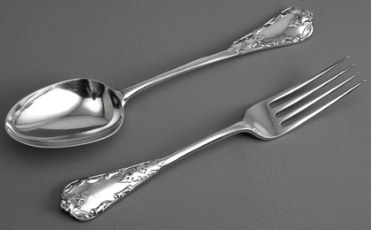 Rare Straight Tudor Pattern Silver Flatware Set (48 Pieces, 12 Tablespoons, 12 Table Forks, 12 Dessert Spoons, 12 Dessert Forks)
