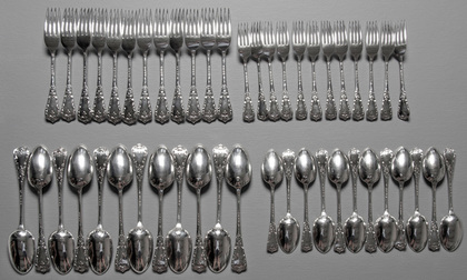 Rare Straight Tudor Pattern Silver Flatware Set (48 Pieces, 12 Tablespoons, 12 Table Forks, 12 Dessert Spoons, 12 Dessert Forks)