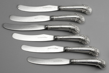 Antique Silver Shell End Pistol Grip Knives (Set of 6) - Dru Drury, Gist & Sellick Family Crests - Josiah Gist, Samuel Gist
