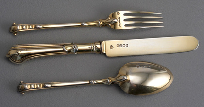 Antique Silver Christening Set (Gilded Knife, Fork & Spoon) - F B Thomas & Co