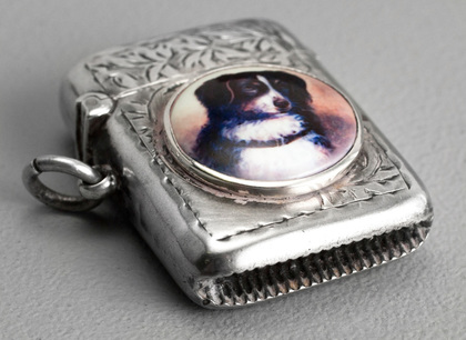 Antique Silver and Enamel Dog Vesta Case - Border Collie