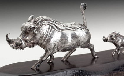 Patrick Mavros Silver Sculpture Warthog Family On Blackwood Base