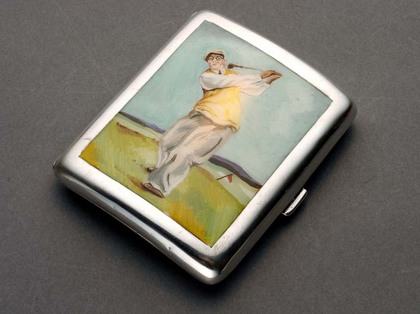 Silver enamel cigarette case - Golfer