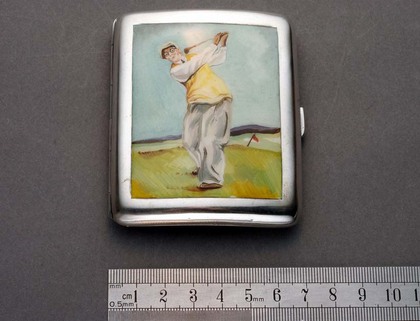 Silver enamel cigarette case - Golfer