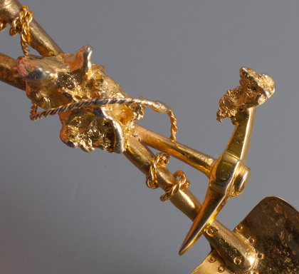 Gold Miner Prospector Spade & Pick Antique Brooch - 24, 18 Carat, Gold Nuggets