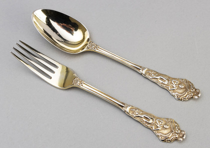 Rare Canova Pattern Silver Gilt Dessert Spoon & Fork - Chawner & Co.