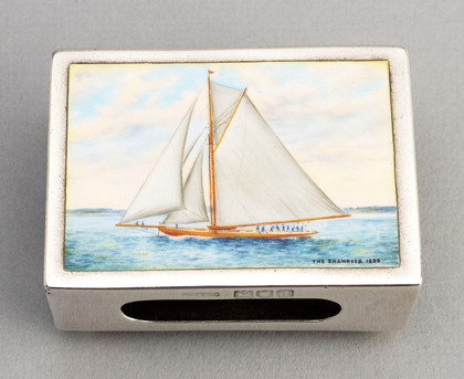 Antique Silver & Enamel Sailing Yacht Large Matchbox Cover - America's Cup, The Shamrock 1899