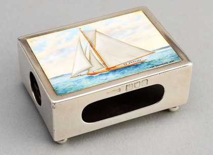 Antique Silver & Enamel Sailing Yacht Large Matchbox Cover - America's Cup, The Shamrock 1899