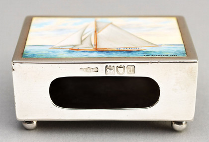 Antique Silver & Enamel Sailing Yacht Large Matchbox Cover - America's Cup, The Shamrock 1899