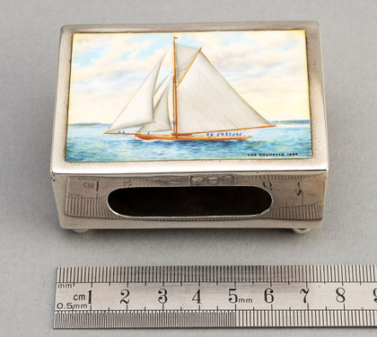 Antique Silver & Enamel Sailing Yacht Large Matchbox Cover - America's Cup, The Shamrock 1899